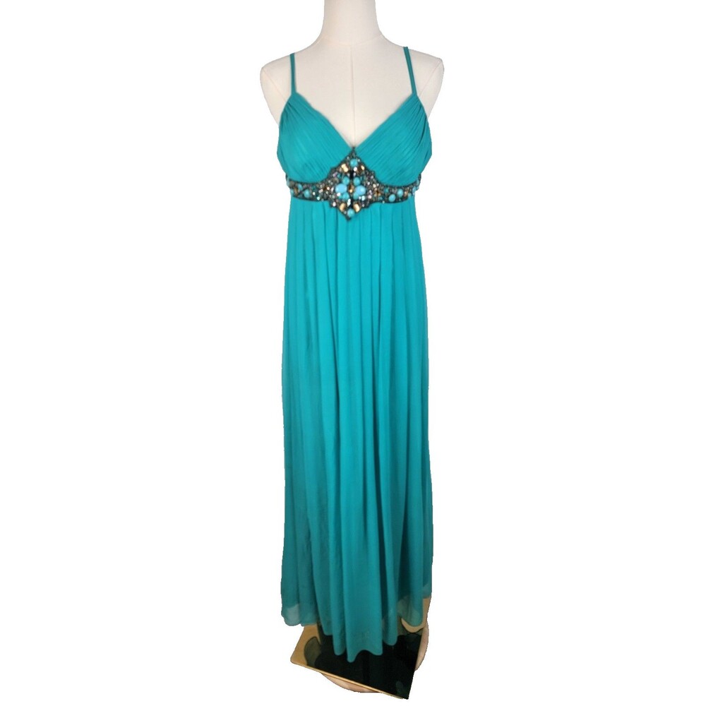Adrianna Papell 100% Silk Crepe Blue Beaded Sleeveless Maxi Long Dress 14P